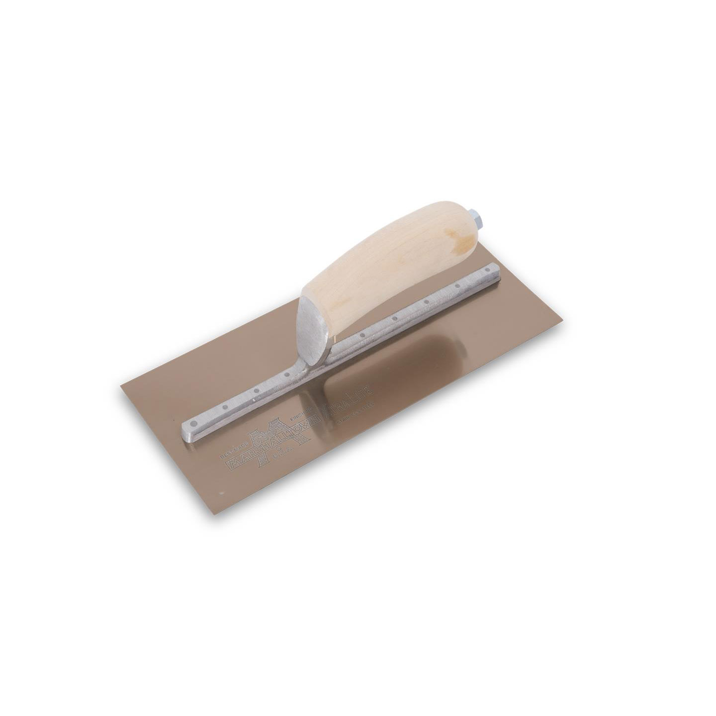 Marshalltown MXS4GS 11-1/2in. x 4in. 3/4 Golden Stainless Steel Finishing Trowel Curved Wood Handle MAT-MXS4GS