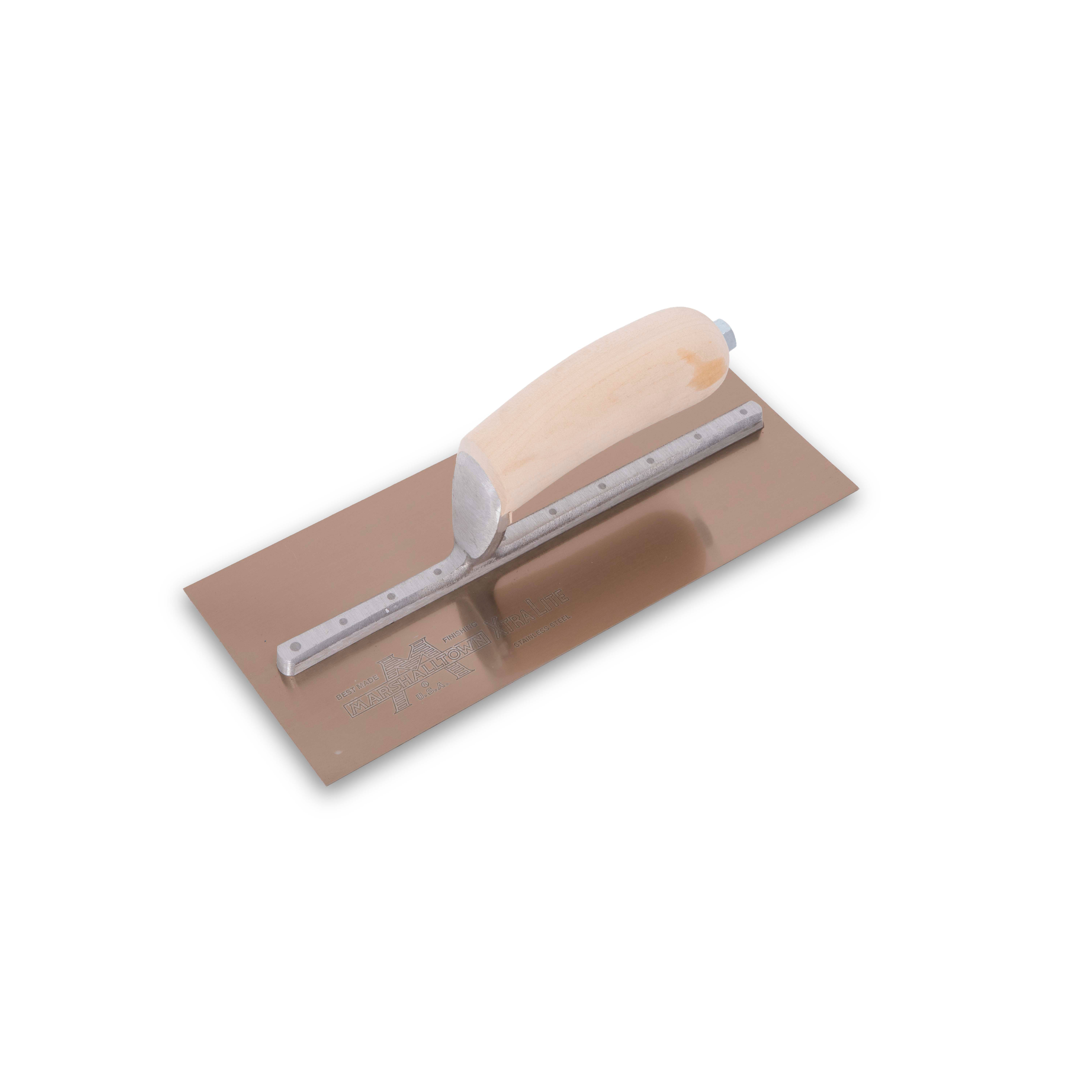 Marshalltown MXS91GS 10-1/2in x 4-1/2in Golden Stainless Finishing Trowel with Curved Wood Handle MXS91GS