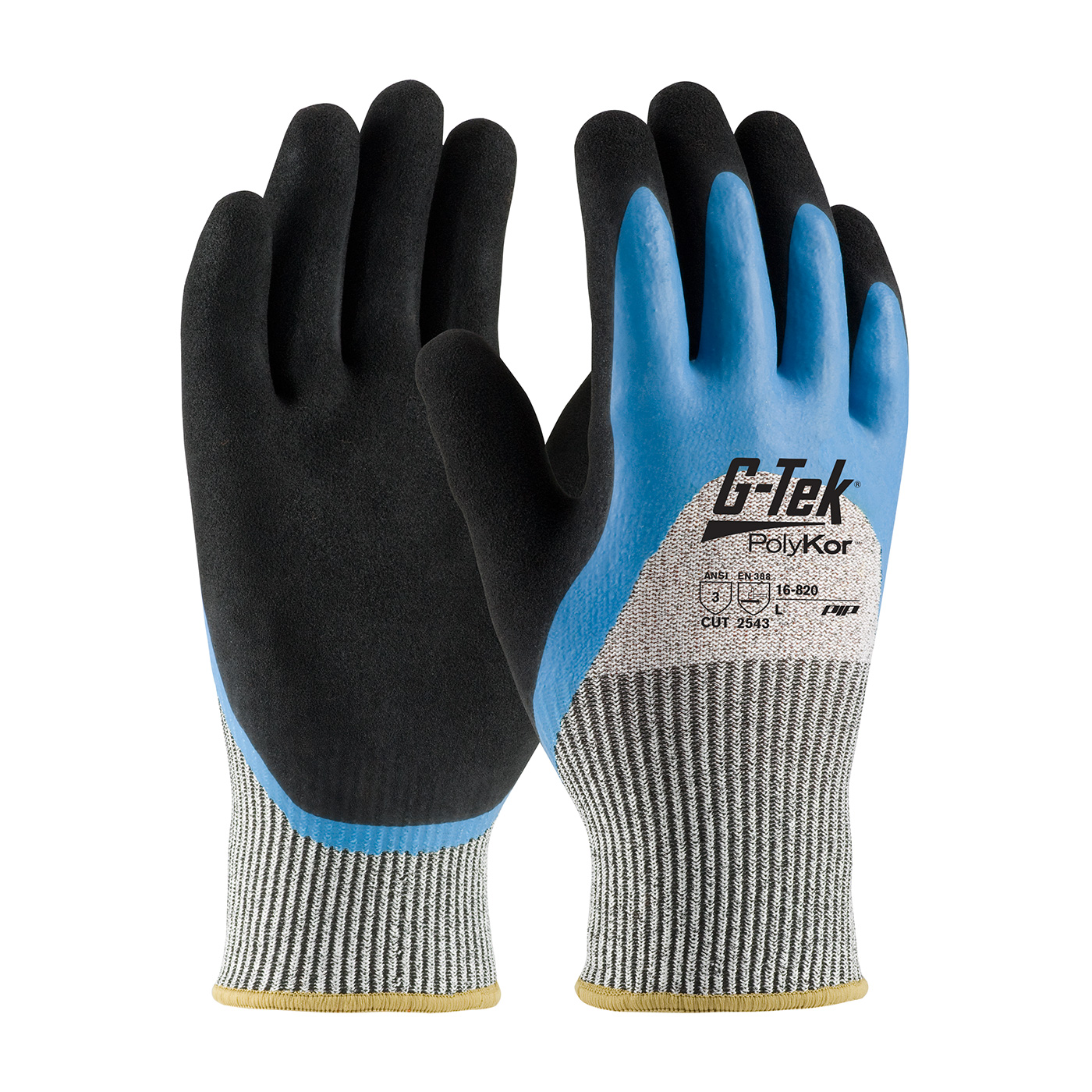 PIP 16-820/L G-Tek PolyKor Seamless Knit PolyKor Blended Glove with Acrylic Lining and Double-Dipped Latex Coated MicroSurface Grip on Palm, Fingers & Knuckles - Large PID-16 820 L