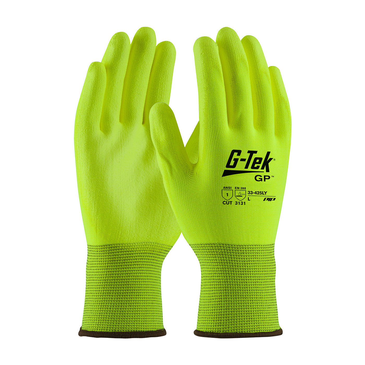PIP 33-425LY/L G-Tek GP Hi-Vis Seamless Knit Polyester Glove with Polyurethane Coated Smooth Grip on Palm & Fingers - Large PID-33 425LY L