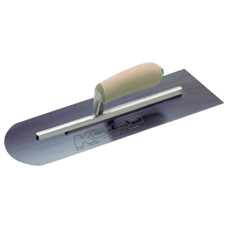 Kraft CF285B 16in. x 4in. Blue Steel Round Front/Square Back Concrete Finish Trowel w/Camel Back Wood Handle CF285B