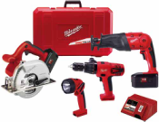 0924-24 Milwaukee Electric Tools 18V 1/2 In. Hammer-Drill, Metal Cutting Circular Saw, Sawzall - The Hatchet Reciprocating Saw &amp; Work Light Combo Kit 0924-24