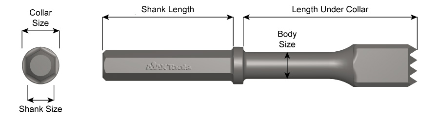 Ajax Tool Works 40010 Paving Breaker 3in. Wide Flat Chisel x 14in. Length Under Collar with 1-1/4in. x 6in. Shank Copy AJA-40010