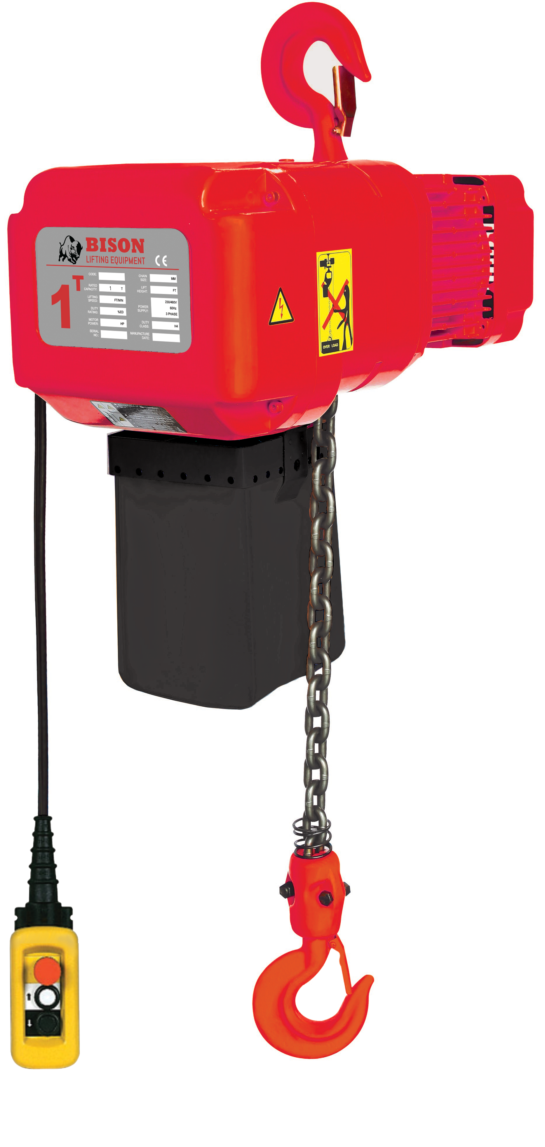 Bison Lifting HHBD01SK-01 1 Ton 3 Phase Single Speed Electric Chain Hoist - 20ft of Lift 3-Ph 230V/460V HHBD01SK-01