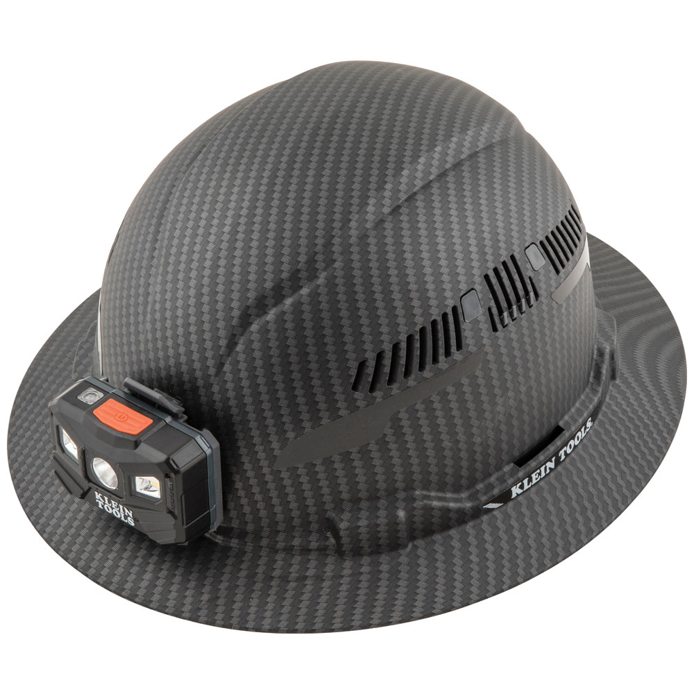 Klein Tools Hard Hat, Premium KARBN??????? Pattern, Vented Full Brim, Class C, with Head Lamp