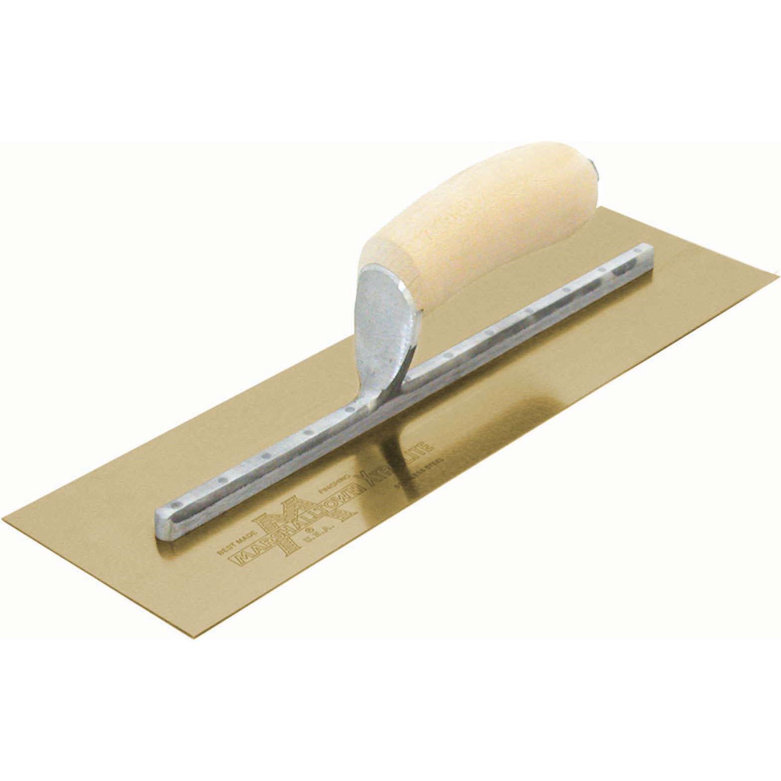 Marshalltown MXS7GS 12in X 5in Golden Stainless Finishing Trowel with Curved Wood Handle MXS7GS
