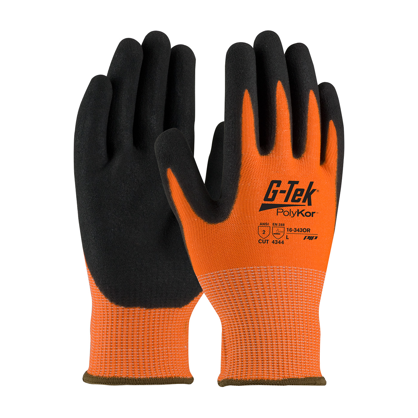 PIP 16-343OR/XL G-Tek PolyKor Hi-Vis Seamless Knit PolyKor Blended Glove with Double-Dipped Nitrile Coated MicroSurface Grip on Palm & Fingers - X-Large PID-16 343OR XL