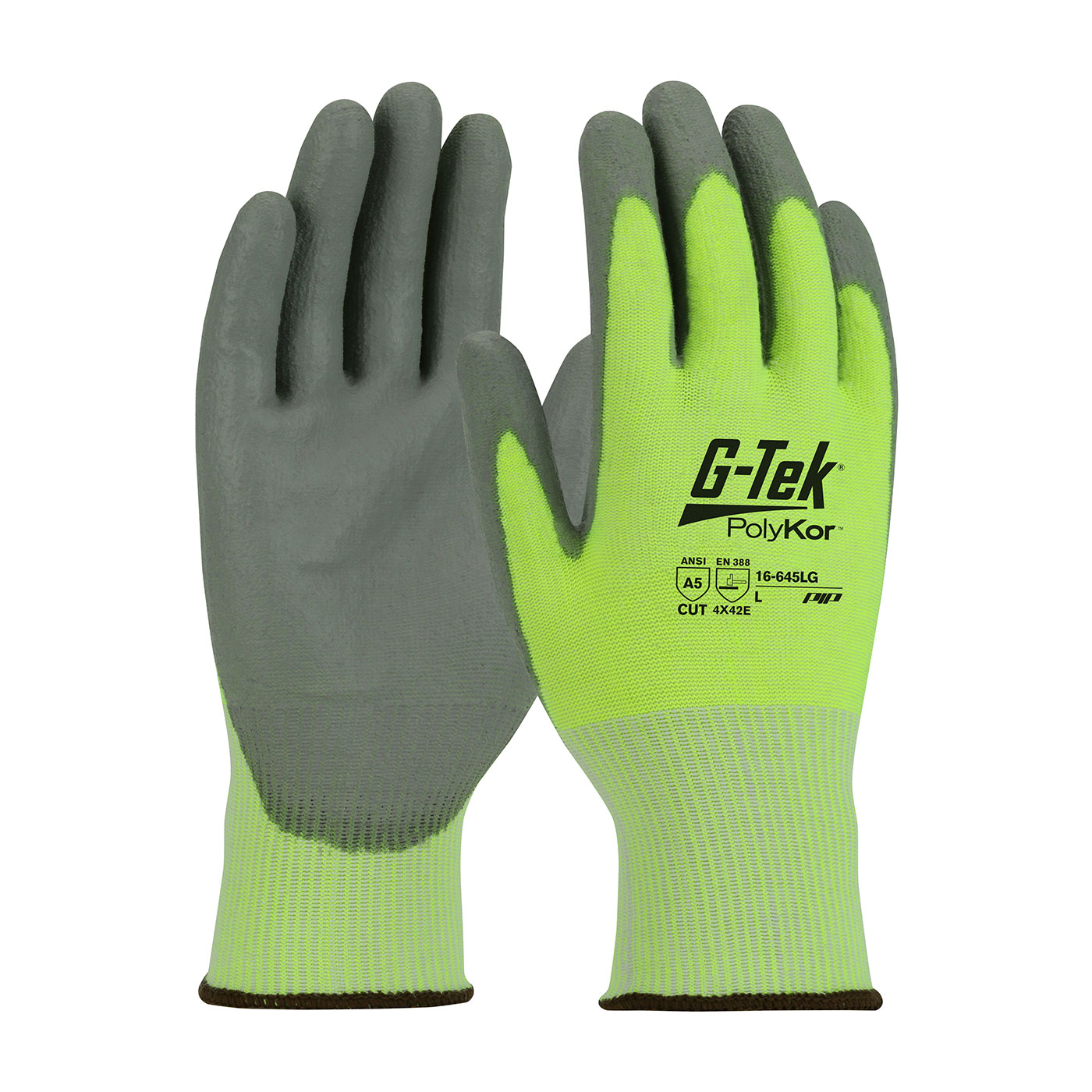 PIP 16-645LG/M G-Tek PolyKor Seamless Knit PolyKor Blended Glove with Polyurethane Coated Smooth Grip on Palm & Fingers - Medium PID-16645LGM