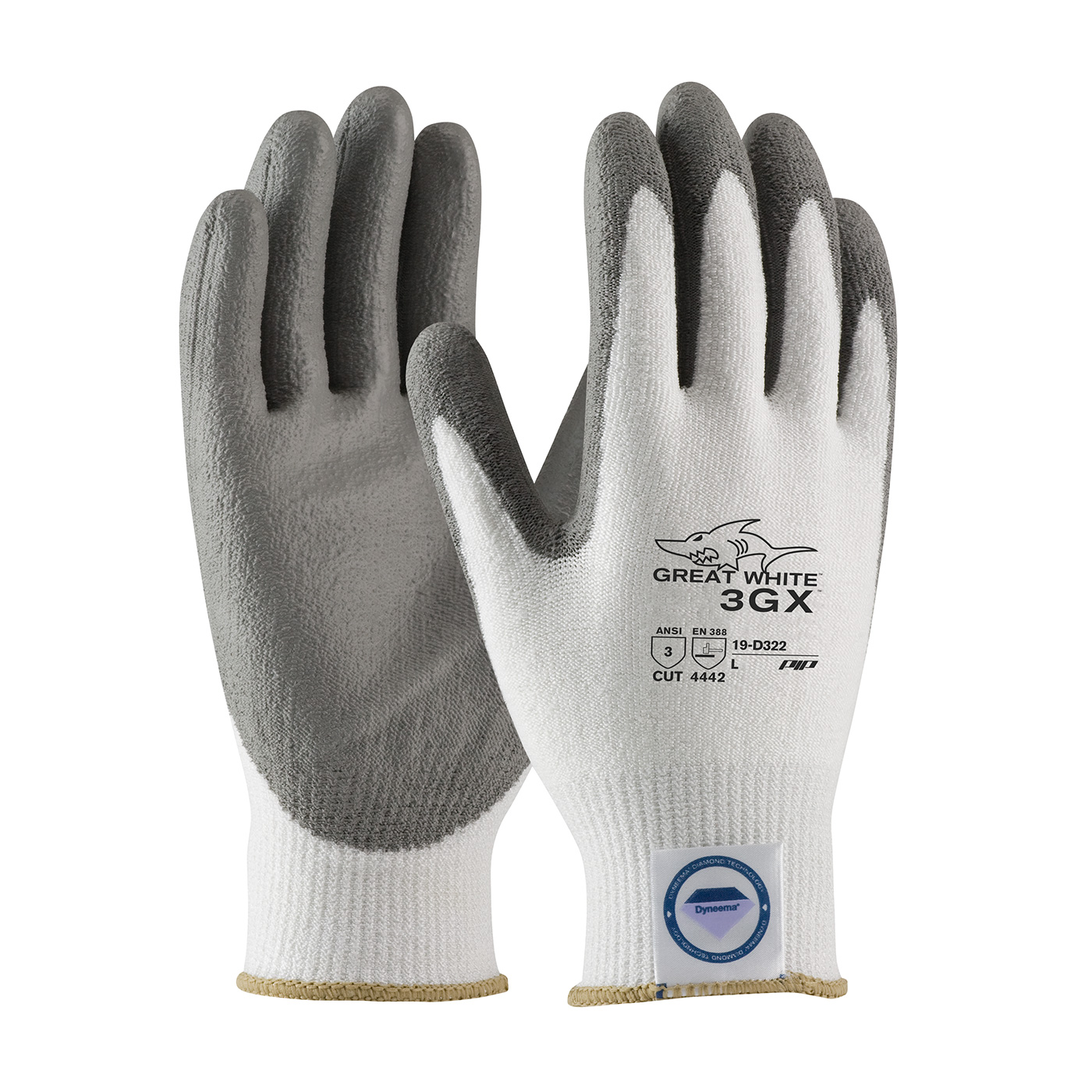 PIP 19-D322/L Great White 3GX Seamless Knit Dyneema Diamond Blended Glove with Polyurethane Coated Smooth Grip on Palm & Fingers - Large PID-19 D322 L