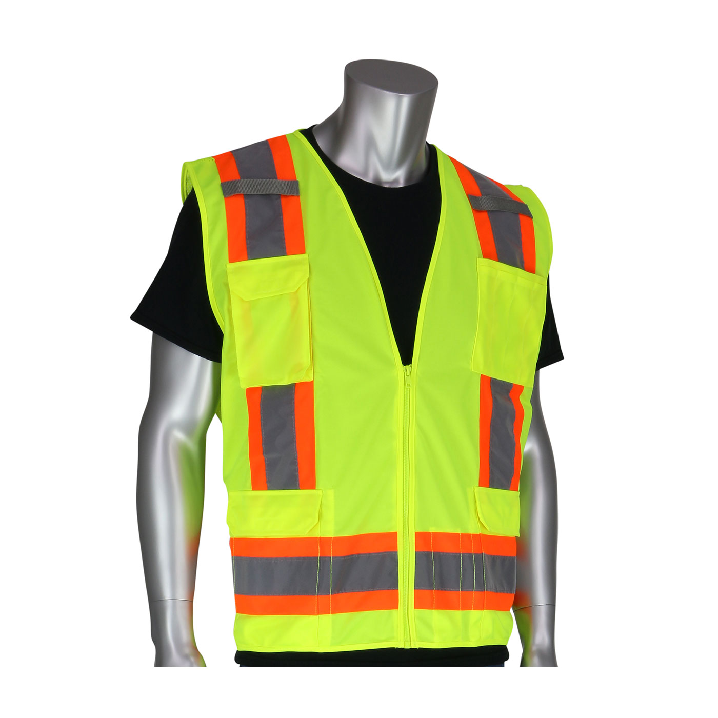 PIP 302-0500-ORG/L ANSI Type R Class 2 Two-Tone Eleven Pocket Orange Surveyors Vest with Solid Front and Mesh Back - Large PID-3020500 OR L