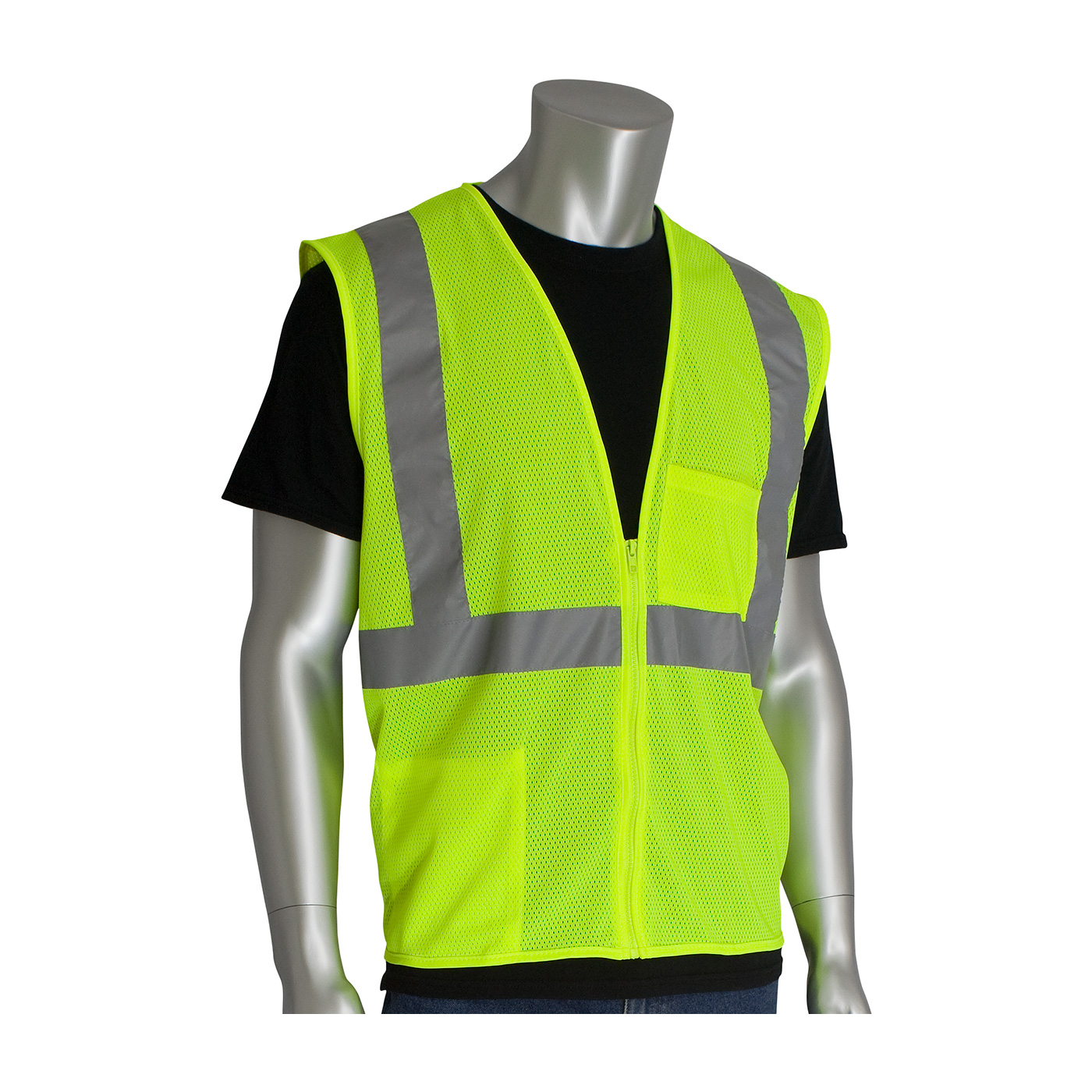 PIP 302-0702Z-LY/S ANSI Type R Class 2 Yellow Two Pocket Zipper Mesh Vest - Small PID-3020702Z LY S