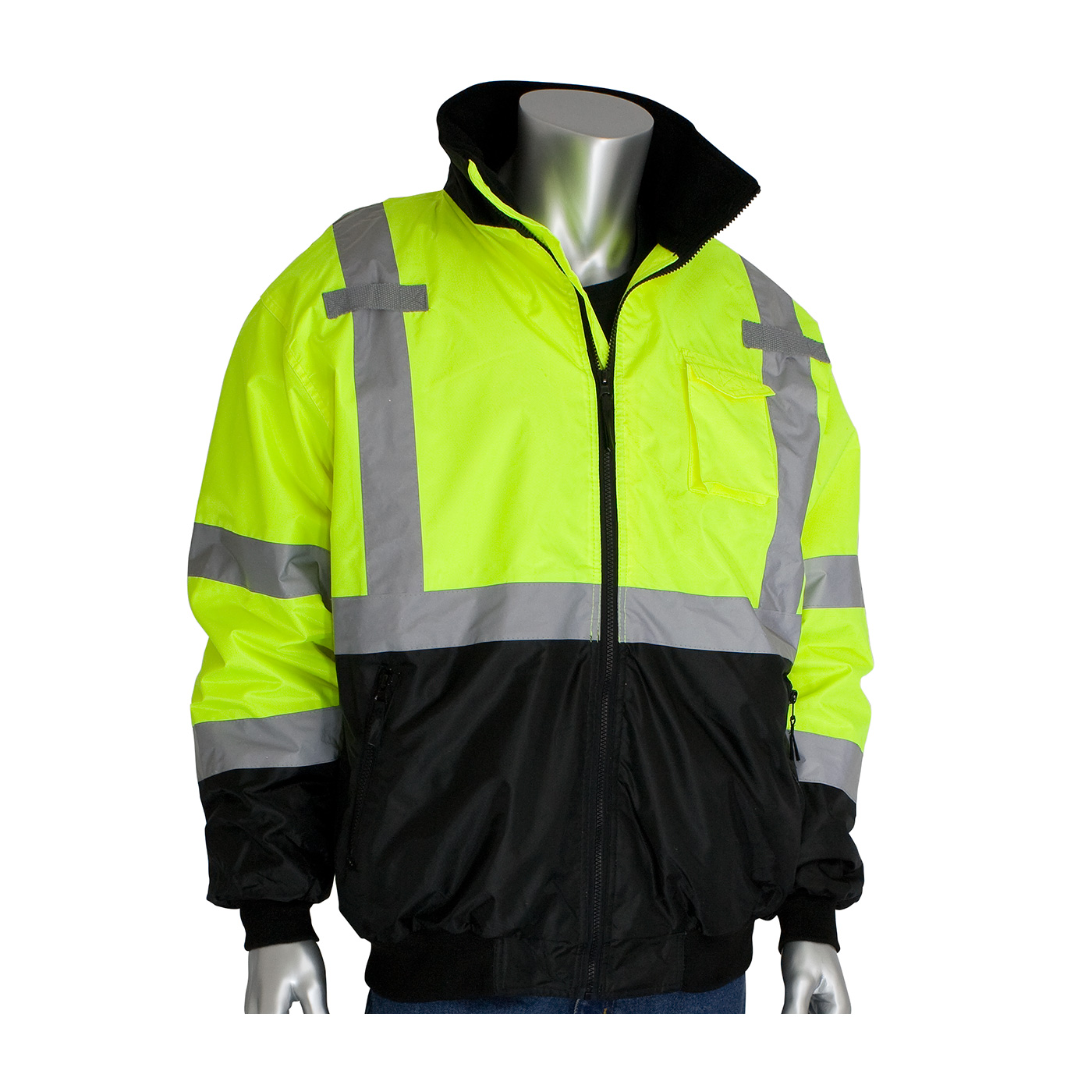 PIP 333-1766-LY/L ANSI Type R Class 3 Value Black Bottom Bomber Jacket with Zip-Out Fleece Liner - Large PID-333 1766 LY L