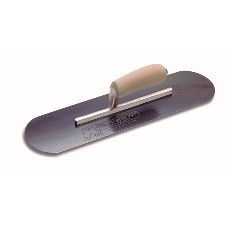 Kraft CF277B-5R 14in. x 4in. Blue Steel Flexible Radius Pool Trowel - 5 Rivets w/Camel Back Wood Handle - Short Shank CF277B-5R